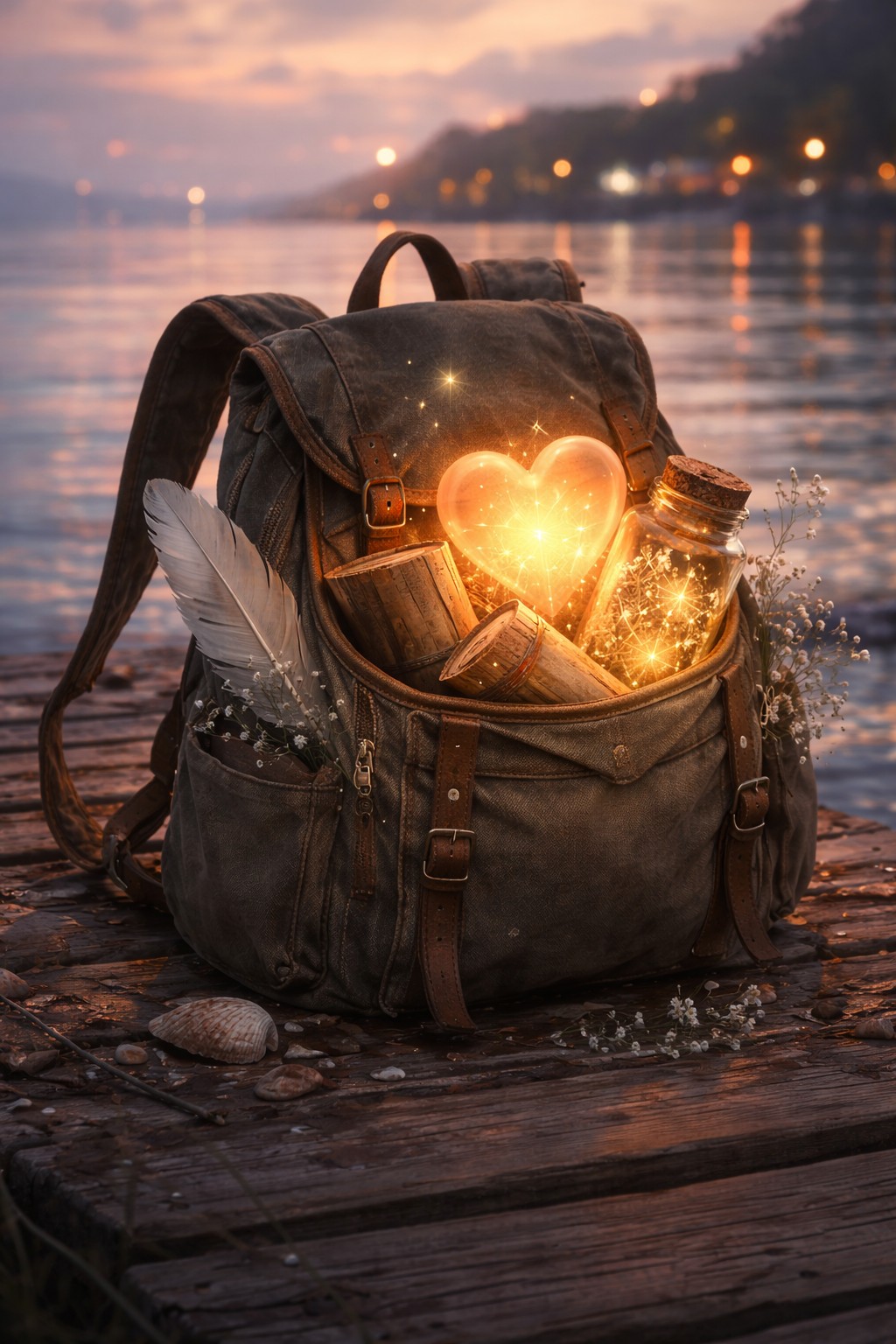 Leuchtender Gefühlsrucksack am Rheinufer in Koblenz Ein dunkler Rucksack auf einem Holzsteg am Wasser trägt ein leuchtendes Herz, eine Feder und kleine Erinnerungsstücke.