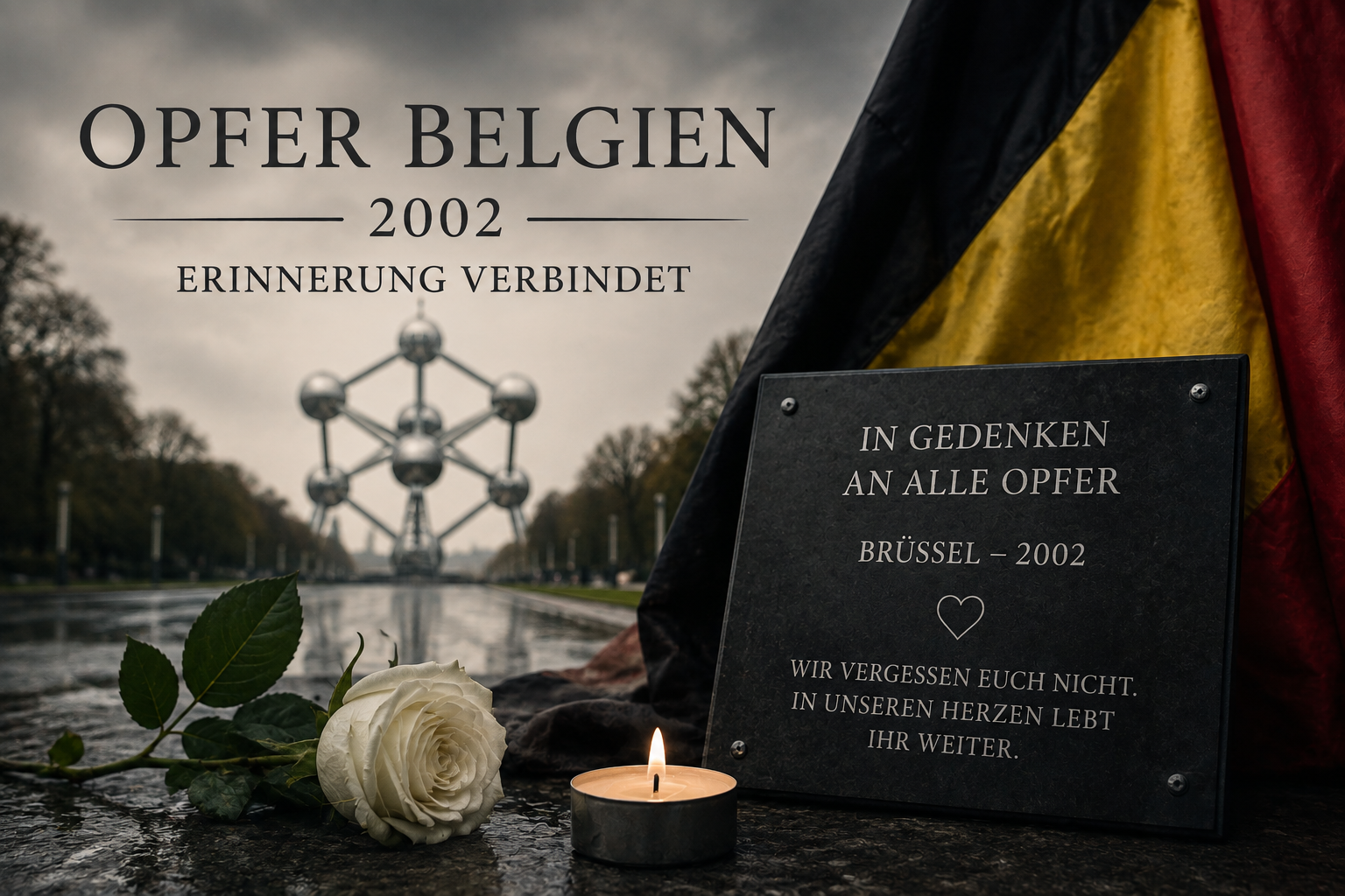 Brüssel 2002, Gedenktext zu Belgien und stille Erinnerung Eine weiße Rose, eine brennende Kerze und eine Gedenktafel erinnern in Brüssel 2002 an Opfer in Belgien.
