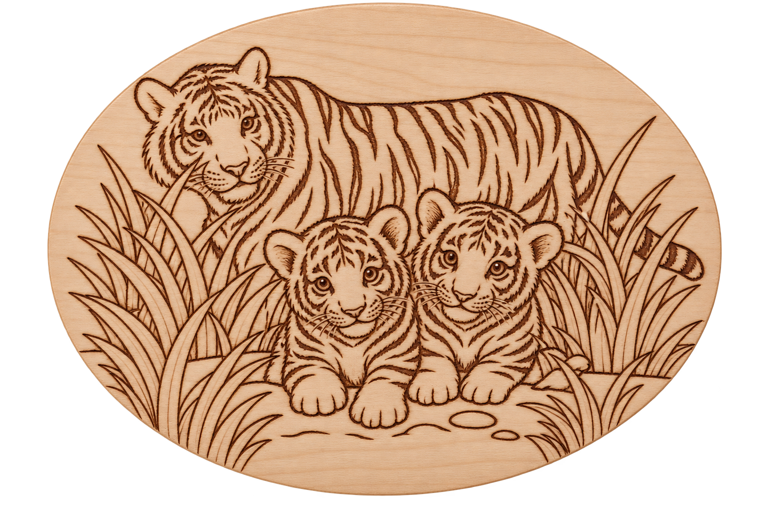Eine ovale Holzgravur zeigt einen Tiger mit zwei Jungtieren zwischen hohem Gras in feiner Linienarbeit.