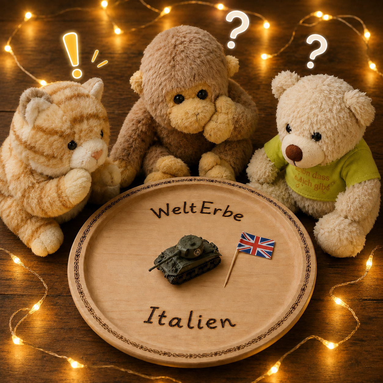 Ein brauner Plüschaffe sitzt neben einer Holzplatte mit WeltErbe und Italien, dazu ein Panzer und eine britische Flagge.