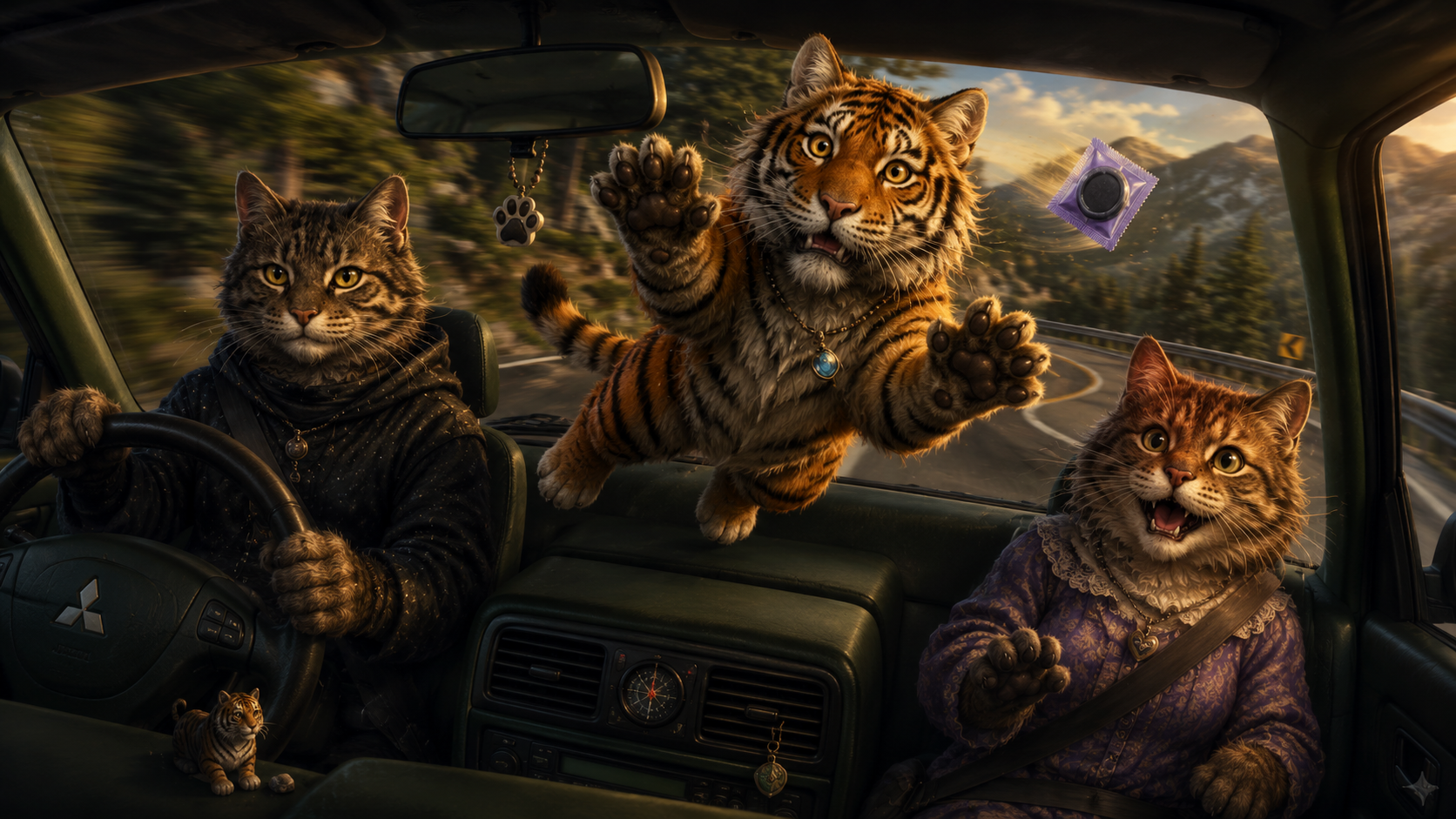 Im Auto sitzt eine Tabbykatze am Steuer, während ein Tiger und eine weitere Katze auf der Fahrt erschreckt reagieren.