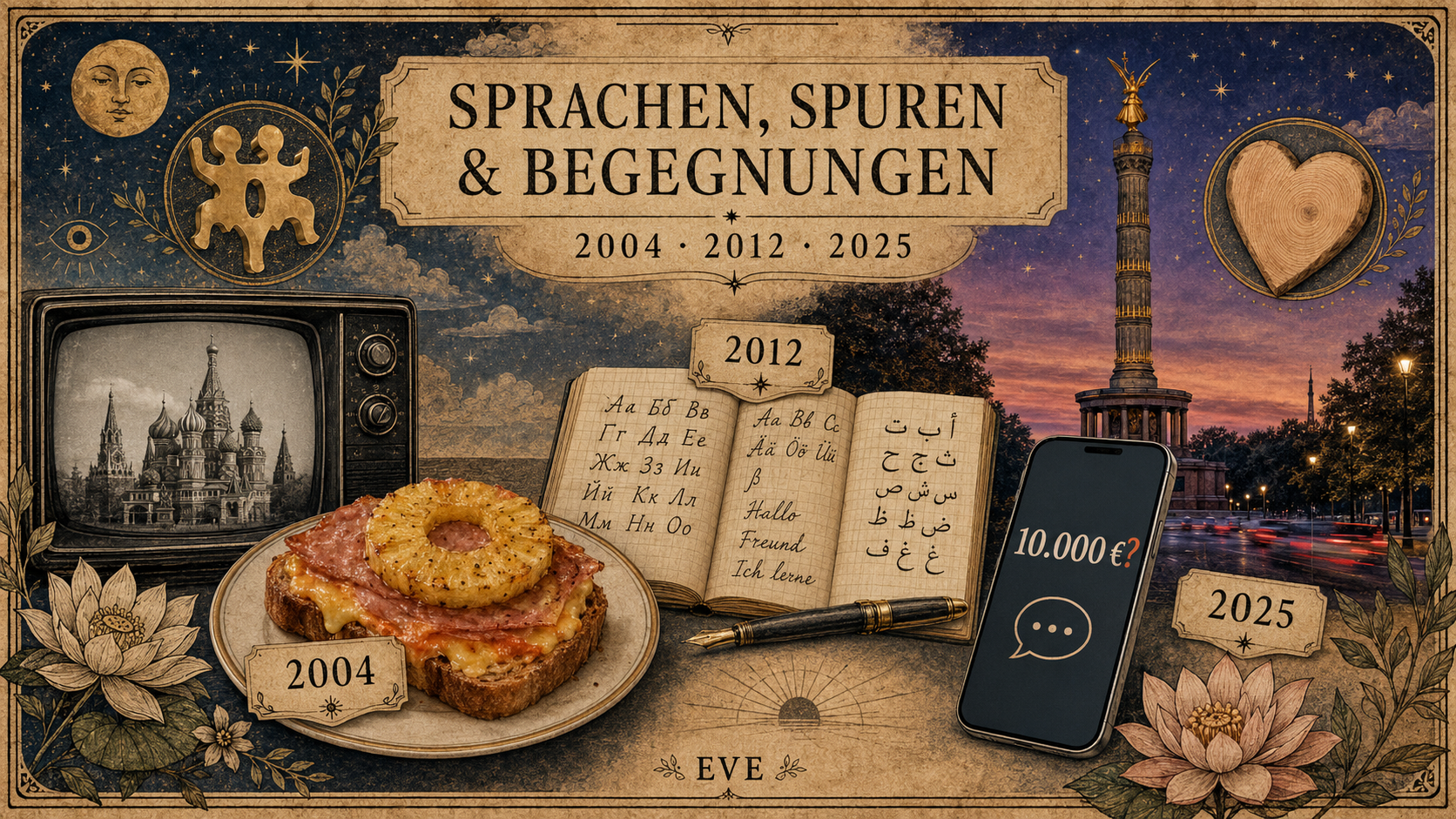 Ari, Sprachen und Begegnungen zwischen 2004, 2012 und 2025 Die Collage verbindet Moskau, Hawaii-Toast, russische und arabische Schriftzeichen sowie eine Revolut-Nachricht mit Ari.
