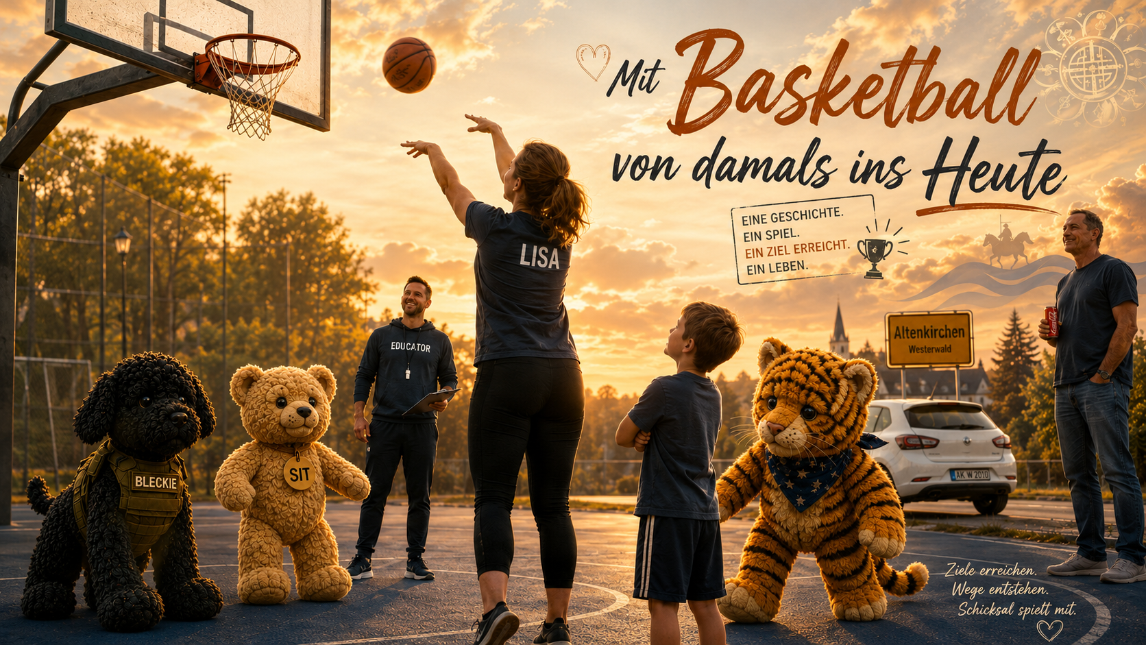 Lisa wirft beim Basketball auf dem Außenplatz, während neben dem Ortsschild Altenkirchen zwei Tierfiguren und ein Junge stehen.