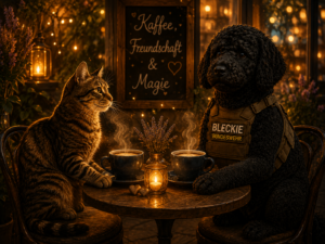 Bei warmem Kaffee sitzen eine Tigerkatze und Bleckie an einem Tisch; dahinter steht „Kaffee, Freundschaft & Magie“.