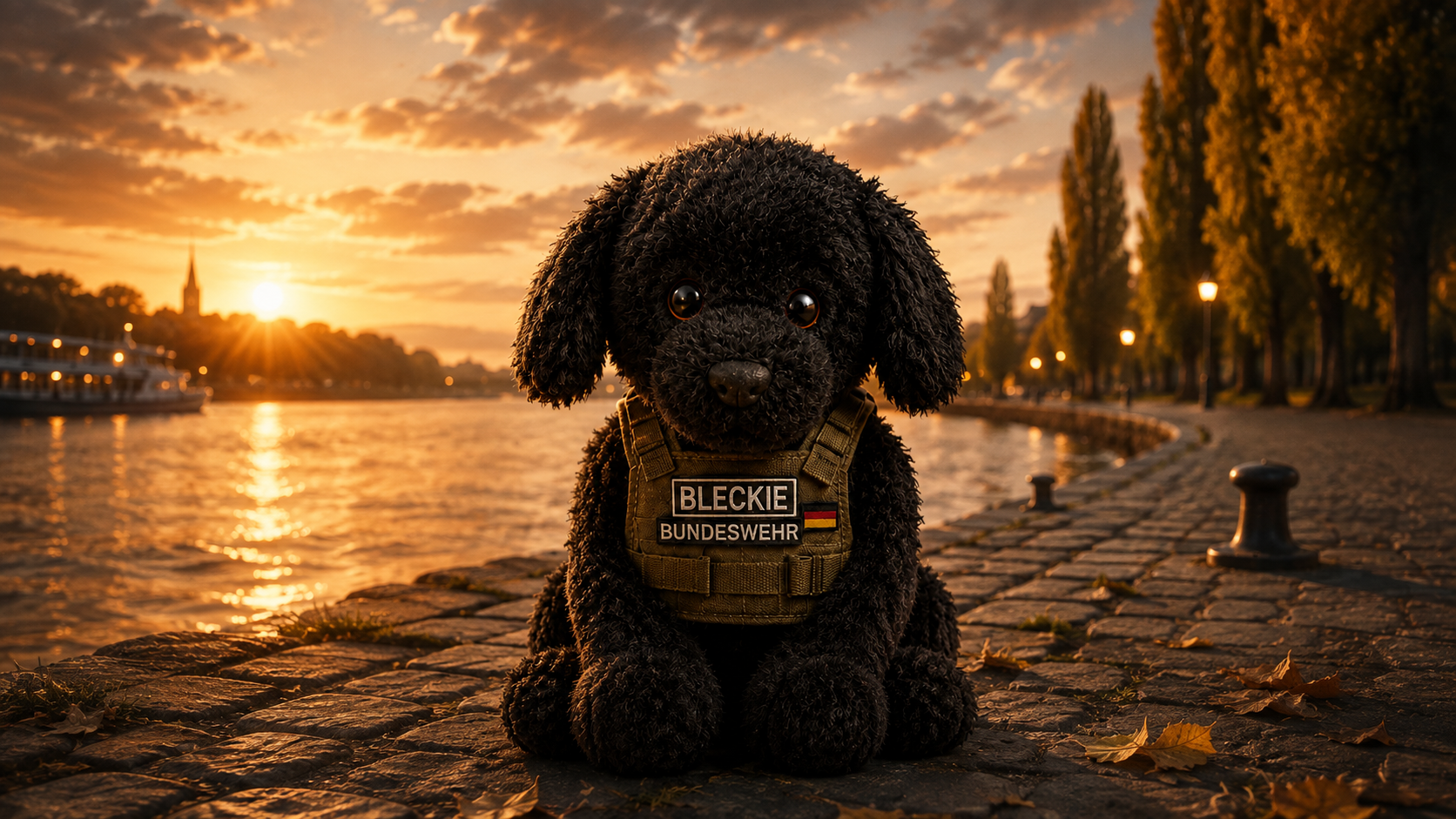 Ein schwarzer Hund mit dem Namen Bleckie sitzt in einer Bundeswehr-Weste am Uferweg im goldenen Abendlicht.