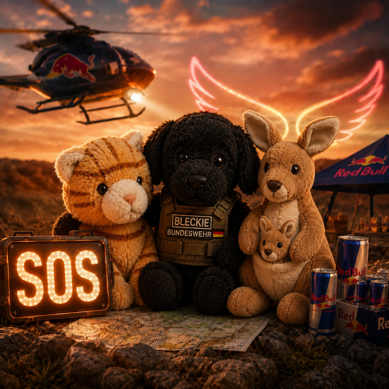Drei Plüschfiguren sitzen vor einem leuchtenden SOS-Schild; Bleckie trägt eine Bundeswehr-Weste, daneben stehen Red-Bull-Dosen.