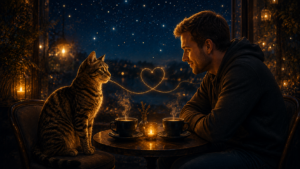 Bei nächtlichem Sternenhimmel sitzen eine Tigerkatze und Bleckie an einem Kaffeetisch mit leuchtendem Herzsymbol.