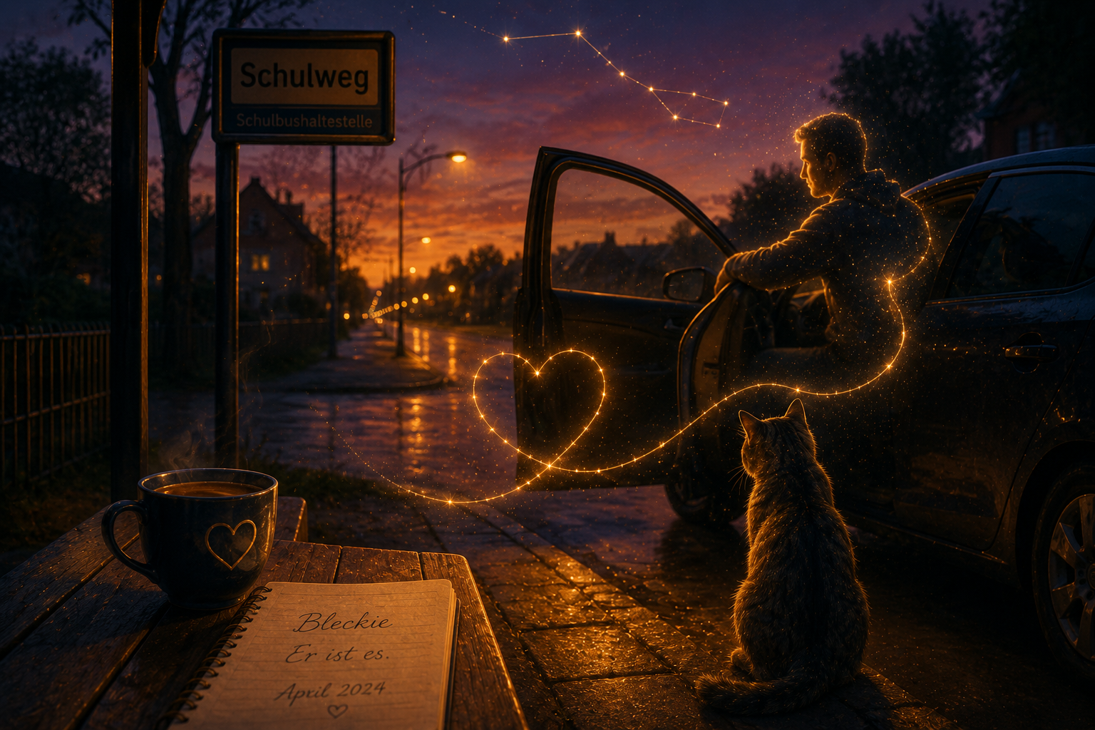An der Haltestelle Schulweg steht ein Mann am offenen Auto, während goldene Lichtspuren ein Herz und eine Katze formen.