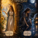 Eve@Bild zeigt ein geteiltes Tarot-Motiv mit Die Öffnende im Licht und Die Spürende am Wasser unter dem Mond.