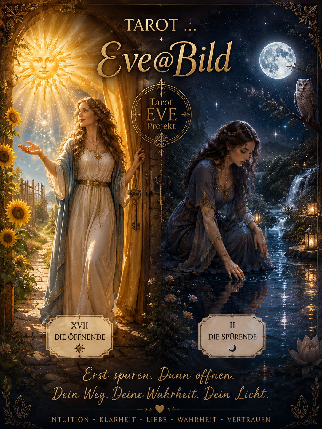 Tarot EVE Projekt: Die Öffnende und Die Spürende im Wechsel von Licht und Nacht Eve@Bild zeigt ein geteiltes Tarot-Motiv mit Die Öffnende im Licht und Die Spürende am Wasser unter dem Mond.