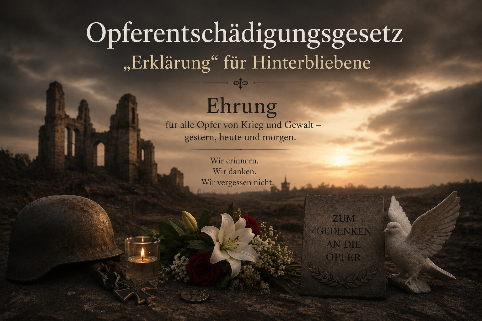 Der Text zum Opferentschädigungsgesetz steht über einer Gedenkszene mit Ruinen, Grabstein, Kerze, Blumen und Taube.