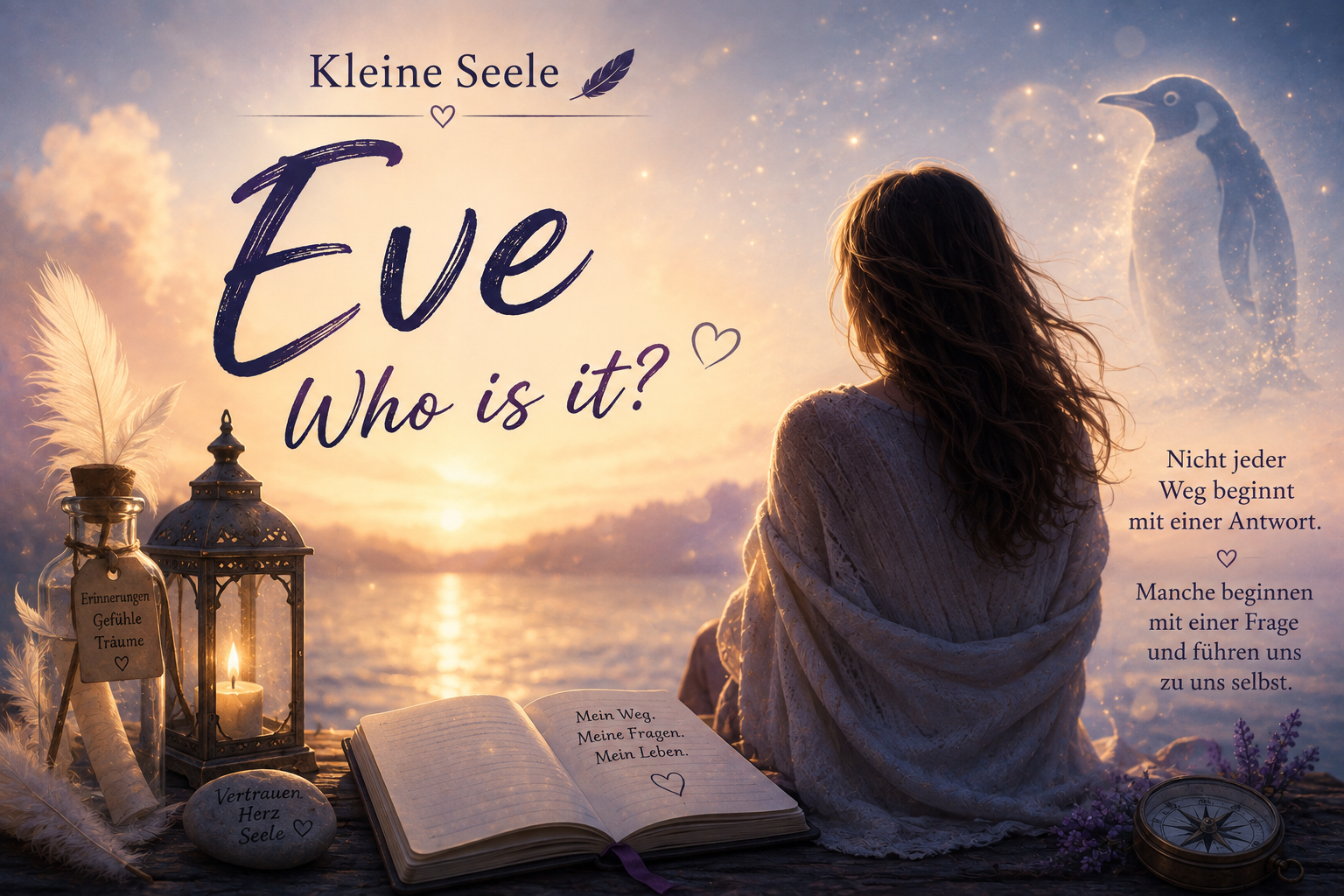Eve am Abendufer mit der Frage nach dem eigenen Weg Eine Frau sitzt am Wasser im warmen Abendlicht, während große Schrift den Namen Eve und die Frage „Who is it?“ zeigt.