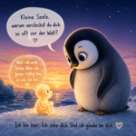 Kleine Seele spricht mit einem leuchtenden Küken an einer verschneiten Küste bei Sonnenuntergang unter einem Sternenhimmel.