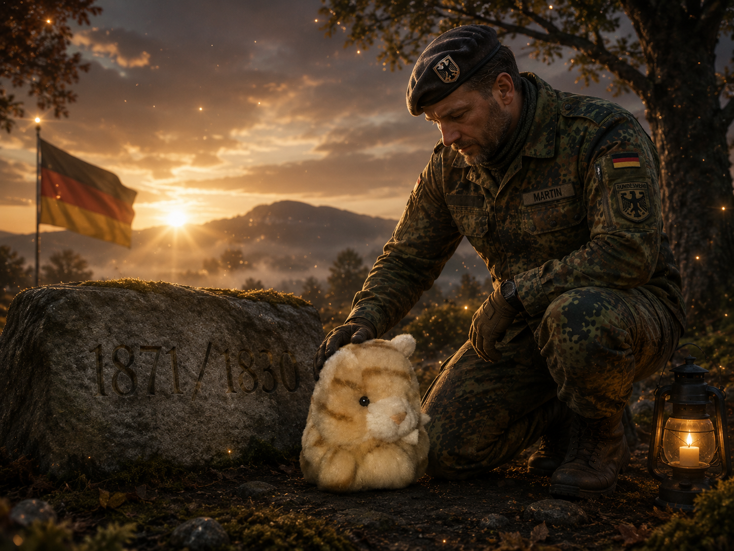Ein Soldat namens Martin kniet am Gedenkstein 1871/1830, vor ihm steht eine kleine Plüschkatze.