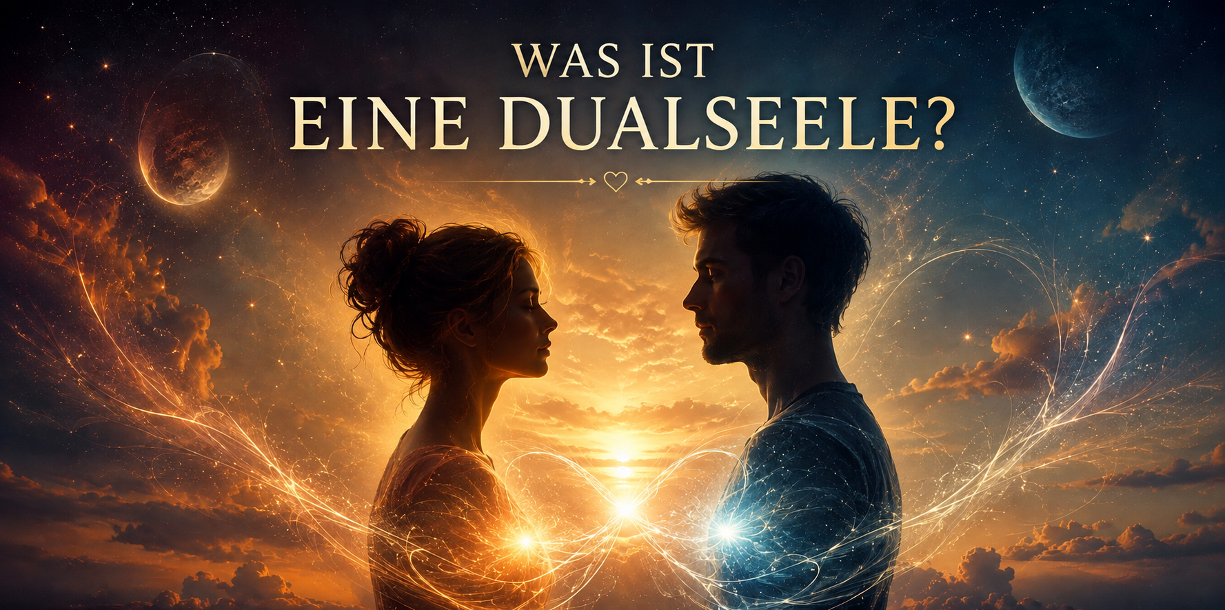 Ein Mann und eine Frau stehen sich im Profil gegenüber, umgeben von goldenen Lichtlinien vor einem sternenreichen Himmel.