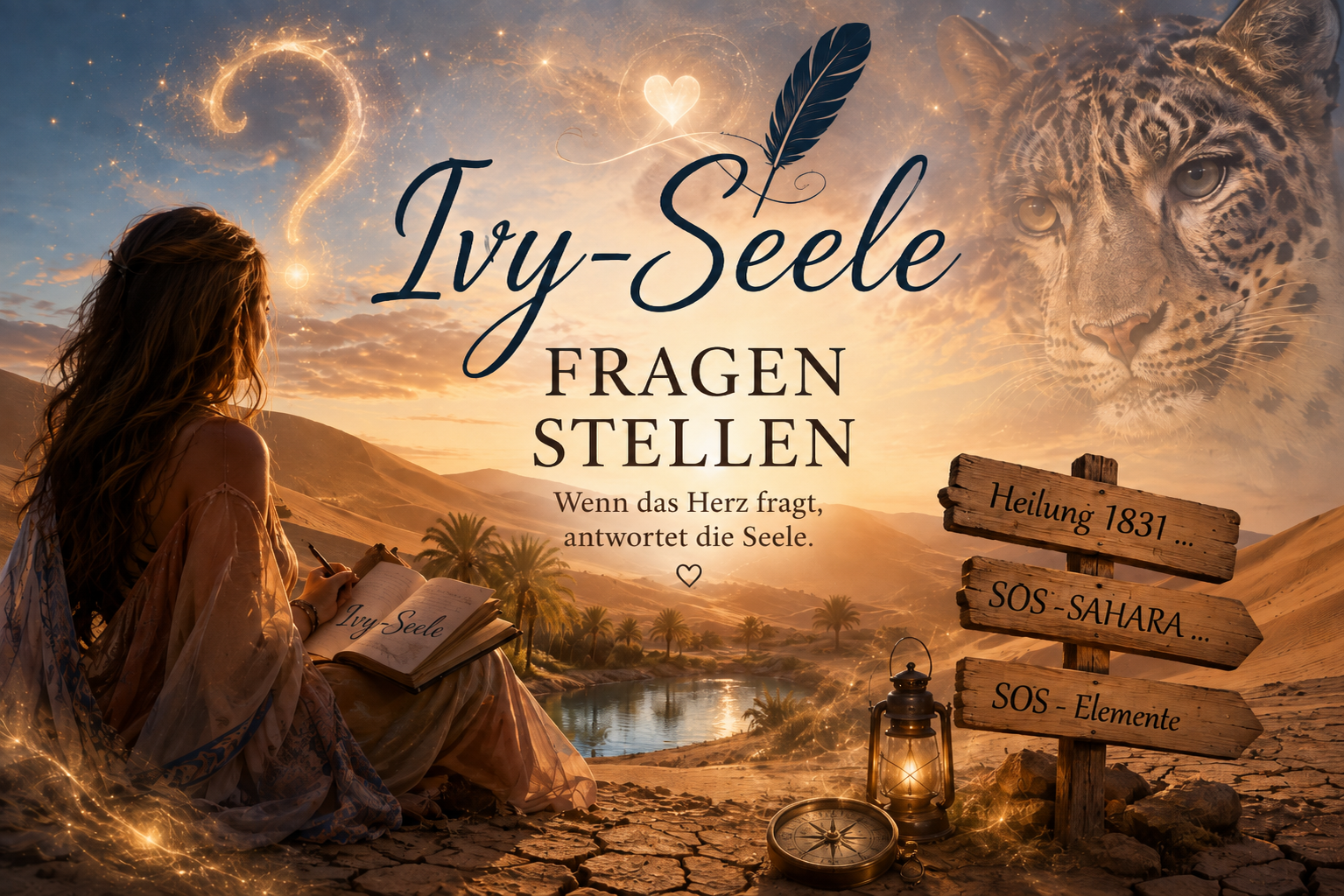 Eine Frau liest in der Wüste neben Wegweisern, während „Ivy-Seele“, „Fragen stellen“ und eine Tigerkatze erscheinen.