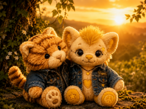 Zwei flauschige Teddykatzen in Jeansjacken sitzen eng beieinander und leuchten im goldenen Sonnenuntergang.
