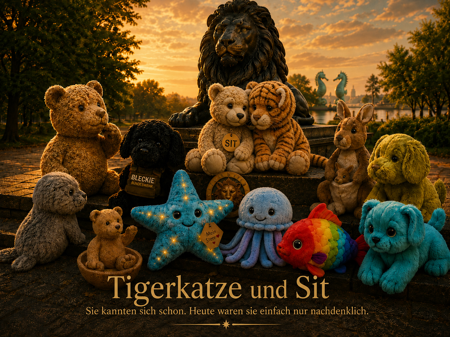 Vor dem Löwe-Denkmal sitzen Sit und Tigerkatze zwischen vielen bunten Stofftieren im warmen Abendlicht.