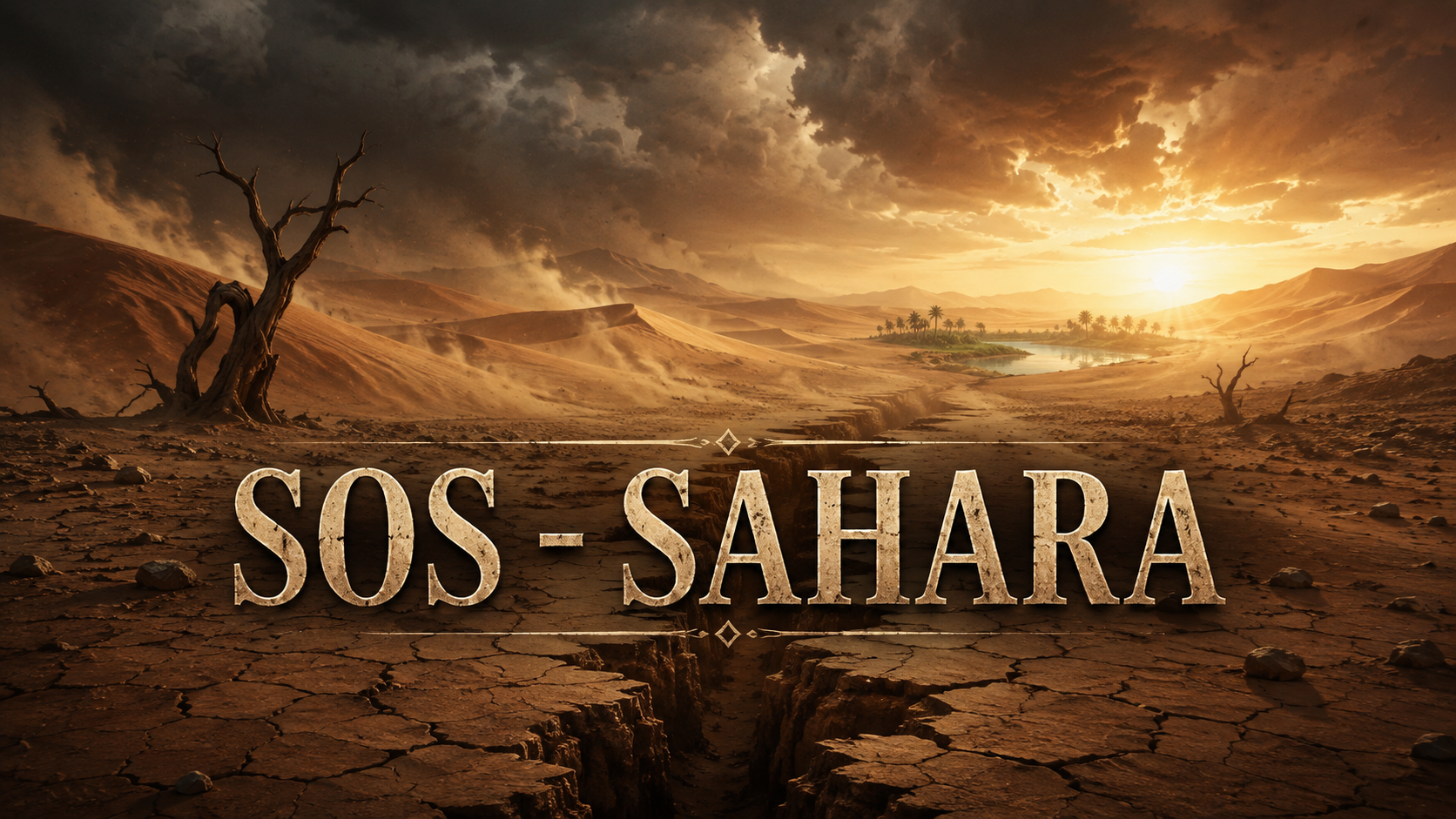 Eine trockene Sahara-Landschaft mit tiefem Erdspalt, kahlen Bäumen und dem Schriftzug „SOS – SAHARA“ im Abendlicht