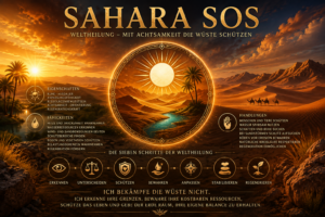 Sahara SOS, Wüstenheilung mit Achtsamkeit und sieben Schritten Goldene Wüstenlandschaft mit Palmen, Oase und Sonnenuntergang; Sahara SOS vermittelt Achtsamkeit und Schutz der Wüste.