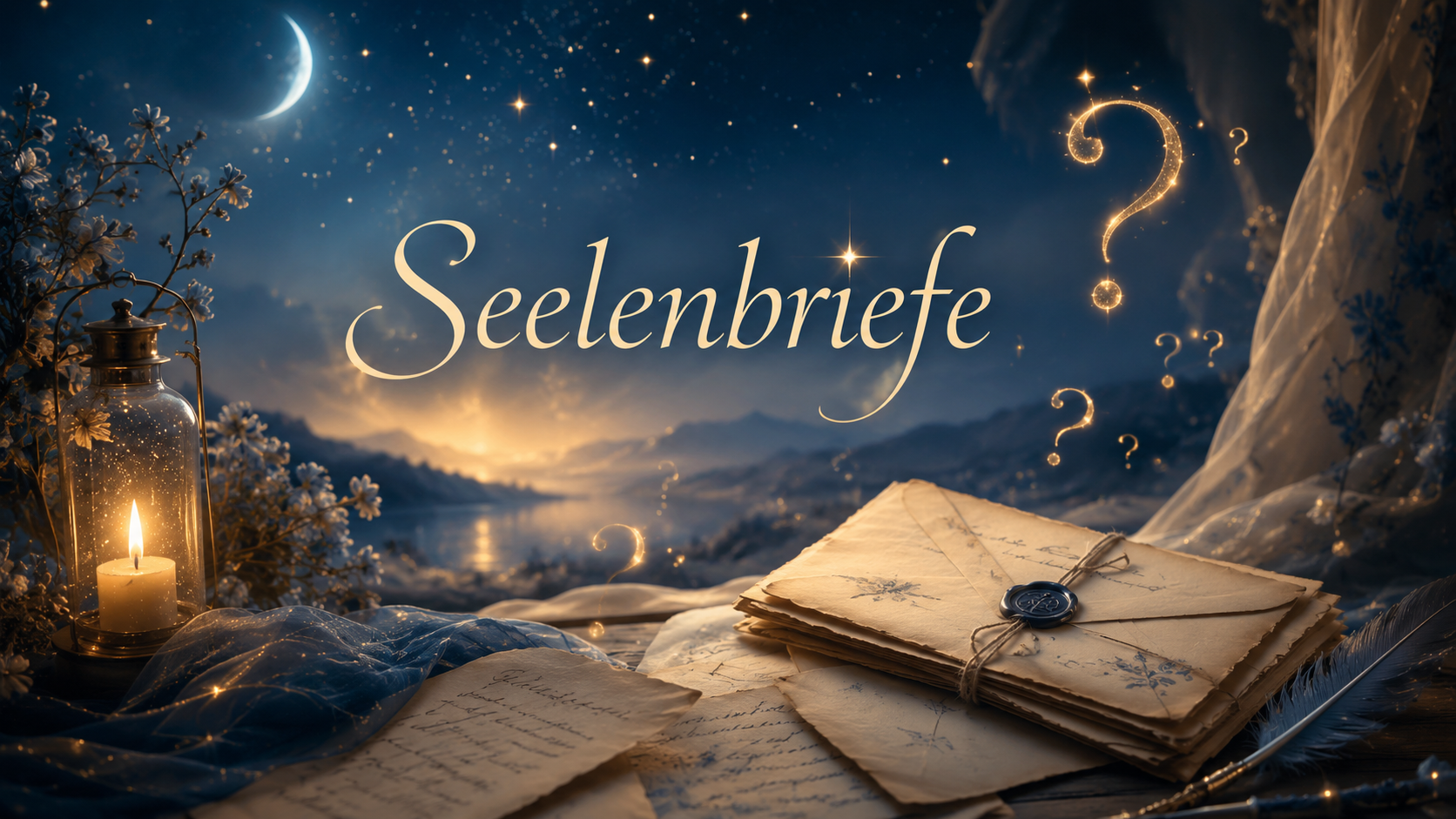Alte Briefe mit Siegel liegen neben einer Laterne; darüber steht „Seelenbriefe“ unter Mondlicht und goldenen Fragezeichen.