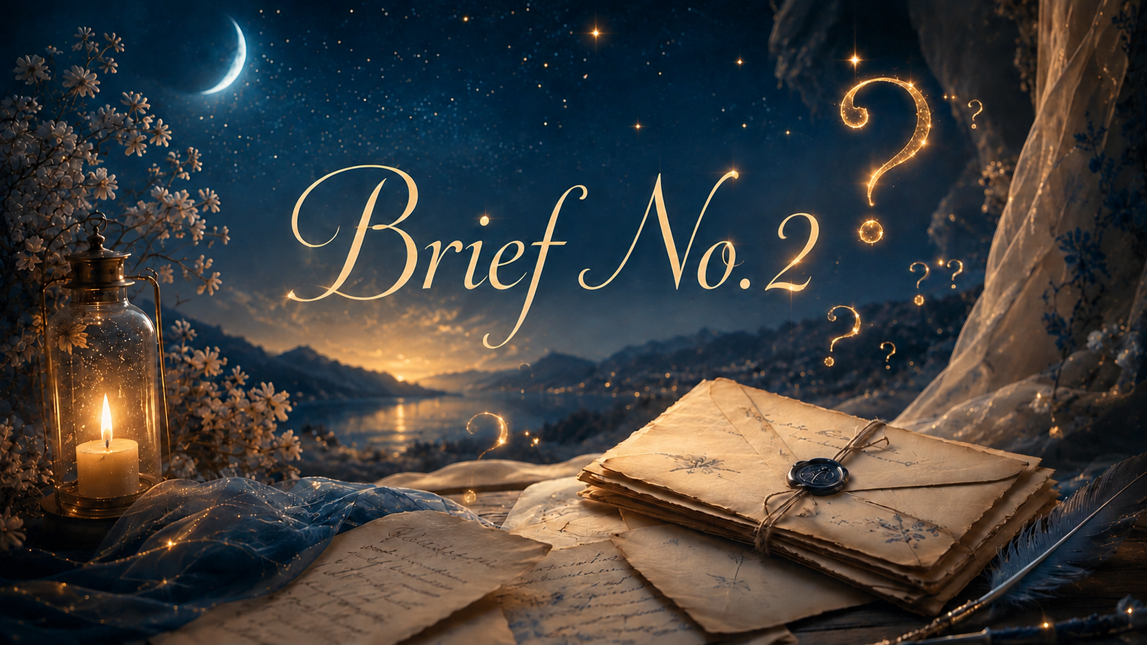 Unter dem Titel „Brief No. 2“ liegt ein versiegeltes, beschriebenes Buch neben einer Laterne in nächtlicher Berglandschaft.