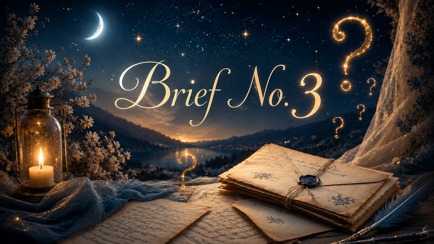 Nächtliche Landschaft mit Mond, Kerze und alten Briefen; darüber steht „Brief No. 3“ in goldener Schrift.