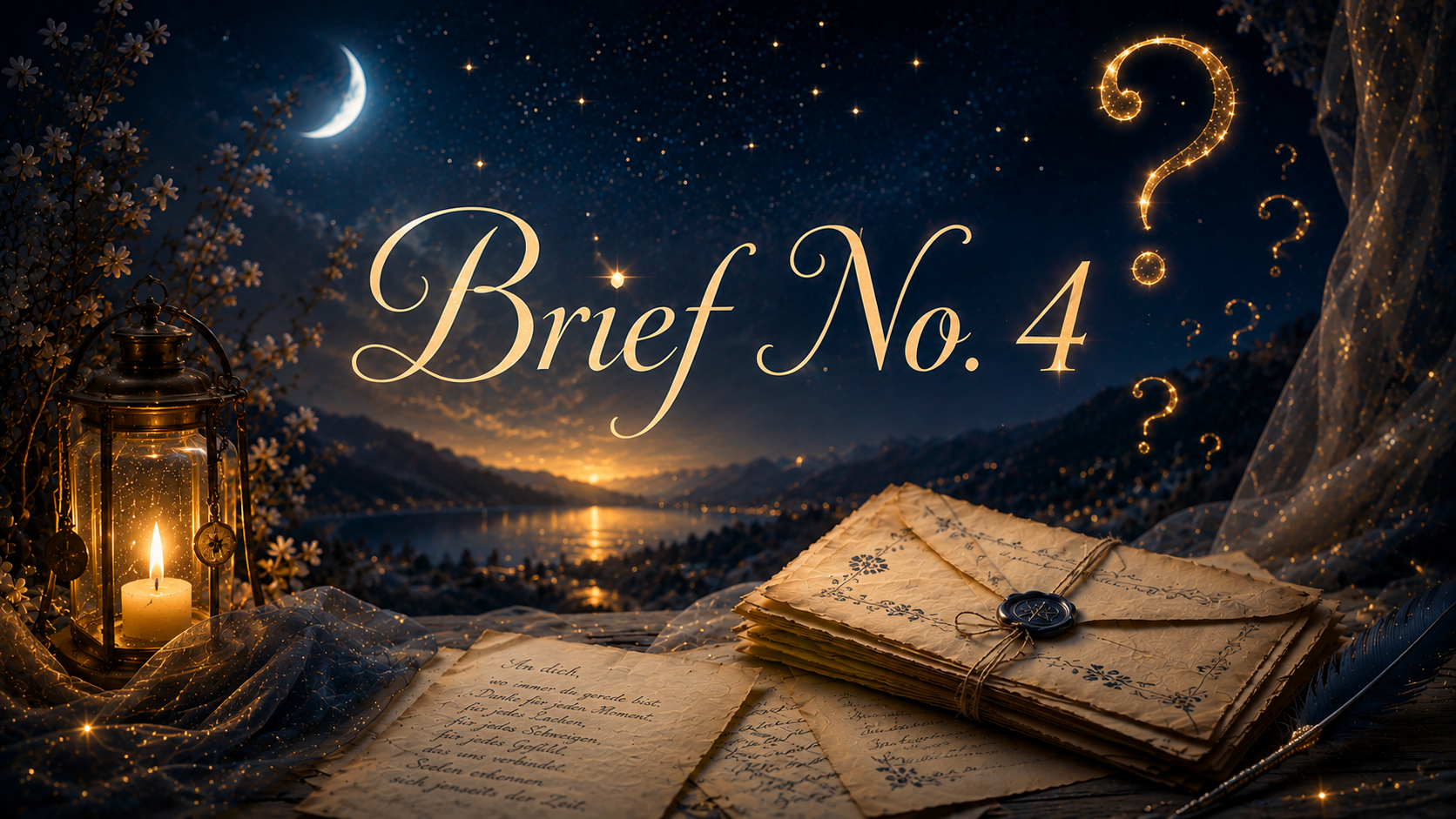 Goldene Schrift „Brief No. 4“ über einem geöffneten Seelenbrief mit Siegel, Kerze, Mondsichel und nächtlicher Berglandschaft