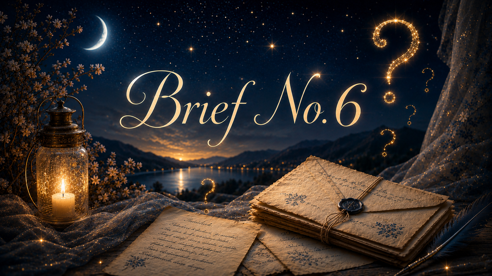 Handgeschriebene Briefe liegen an einem See unter Sternenhimmel; der Seelenbrief No. 6 richtet sich an Thorsten.