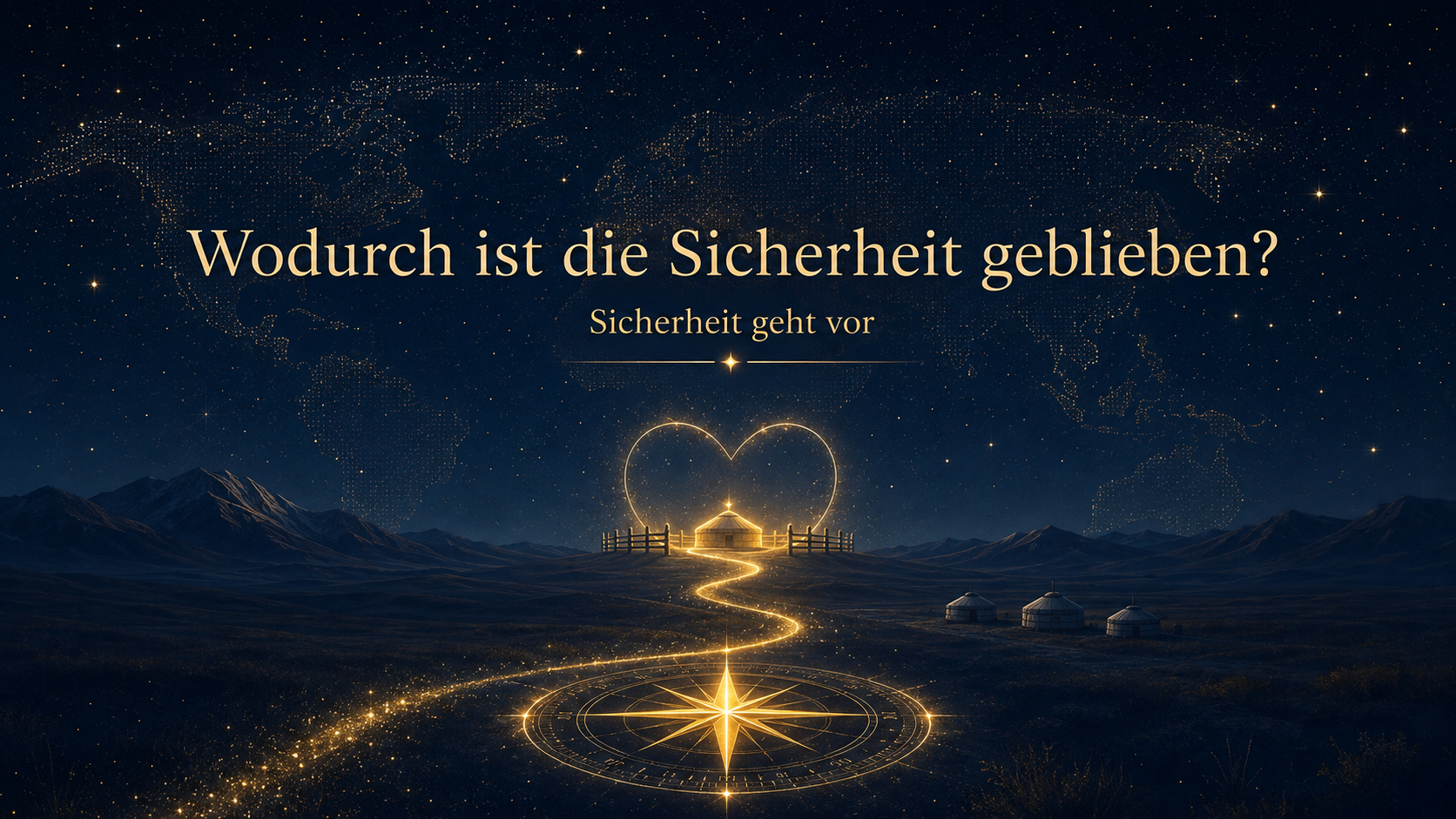 Mongolei unter Sternen, goldene Spur zum Sicherheitsweg Unter einem sternenreichen Himmel führt eine goldene Lichtspur zur Mongolei und zu einem leuchtenden Herzmotiv.
