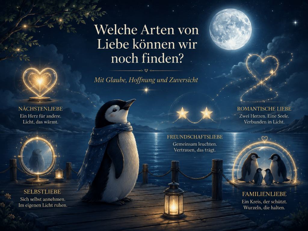 Auf dem nächtlichen Steg blickt Pinguin Zuversicht auf leuchtende Herzen und Symbole für vier Formen der Liebe.