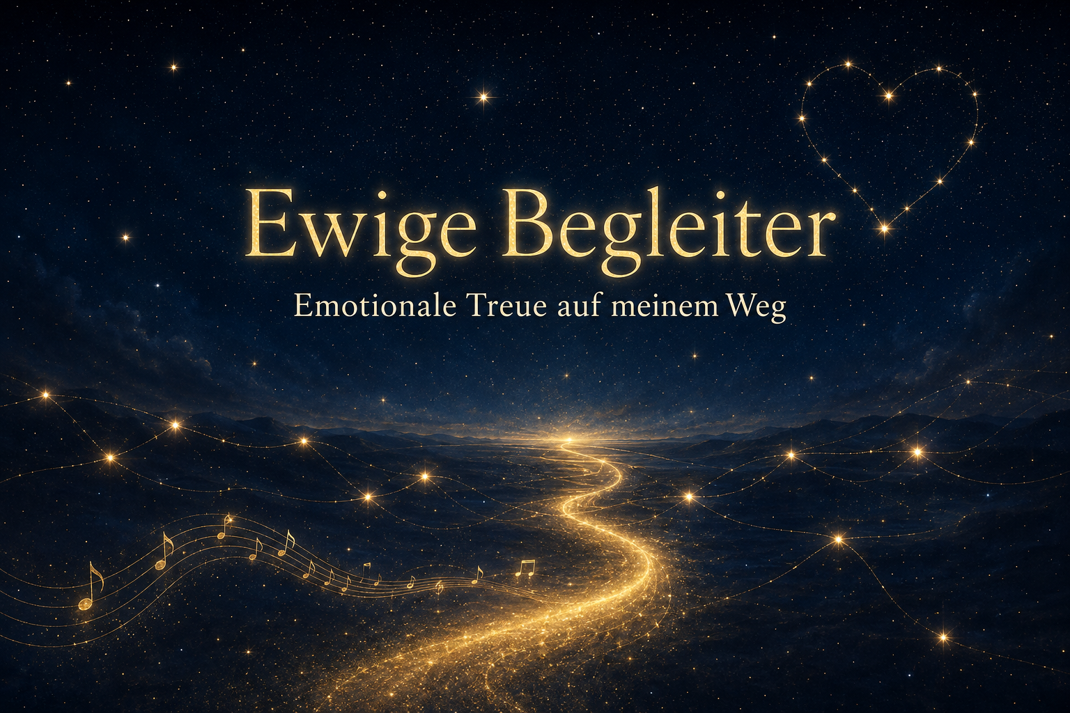 Goldener Schriftzug „Ewige Begleiter“ über einem sternenreichen Nachthimmel mit leuchtendem Pfad und Herz aus Sternen.