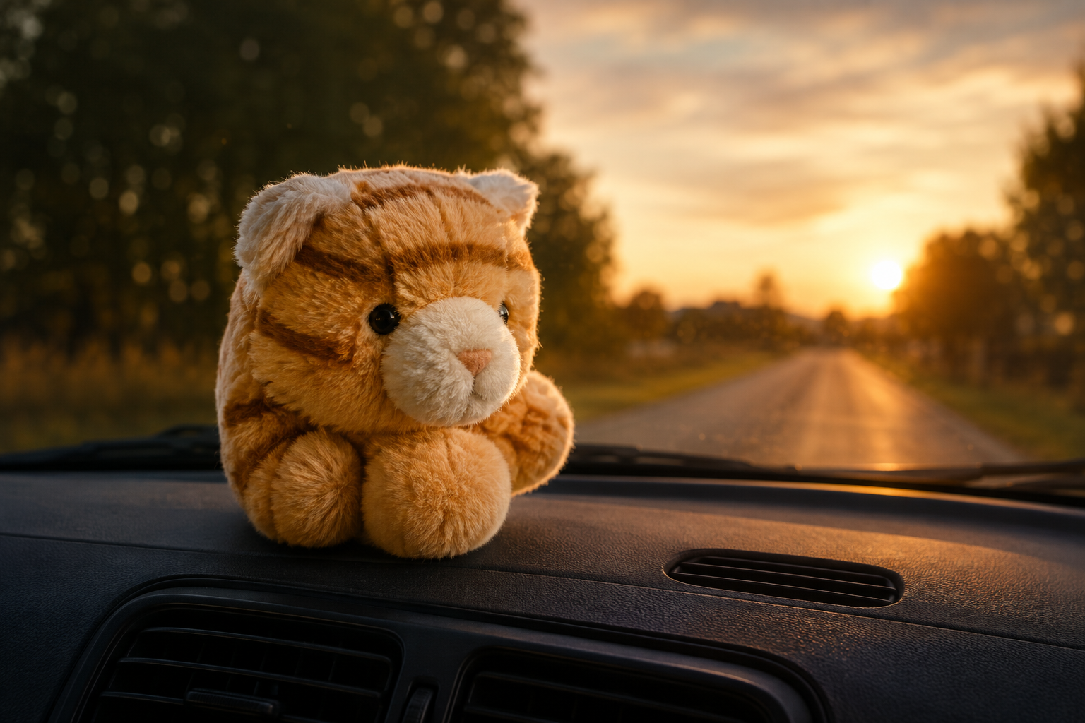 Ein orange getigertes Plüschtier sitzt auf dem Armaturenbrett eines Mitsubishi, während die Straße im Sonnenuntergang liegt.