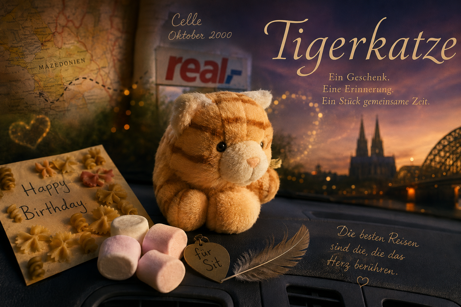 Auf der Stoffkatze stehen Celle und Oktober 2000; daneben sind ein REAL-Markt, ein Geburtstagsgruß und ein Herzanhänger.