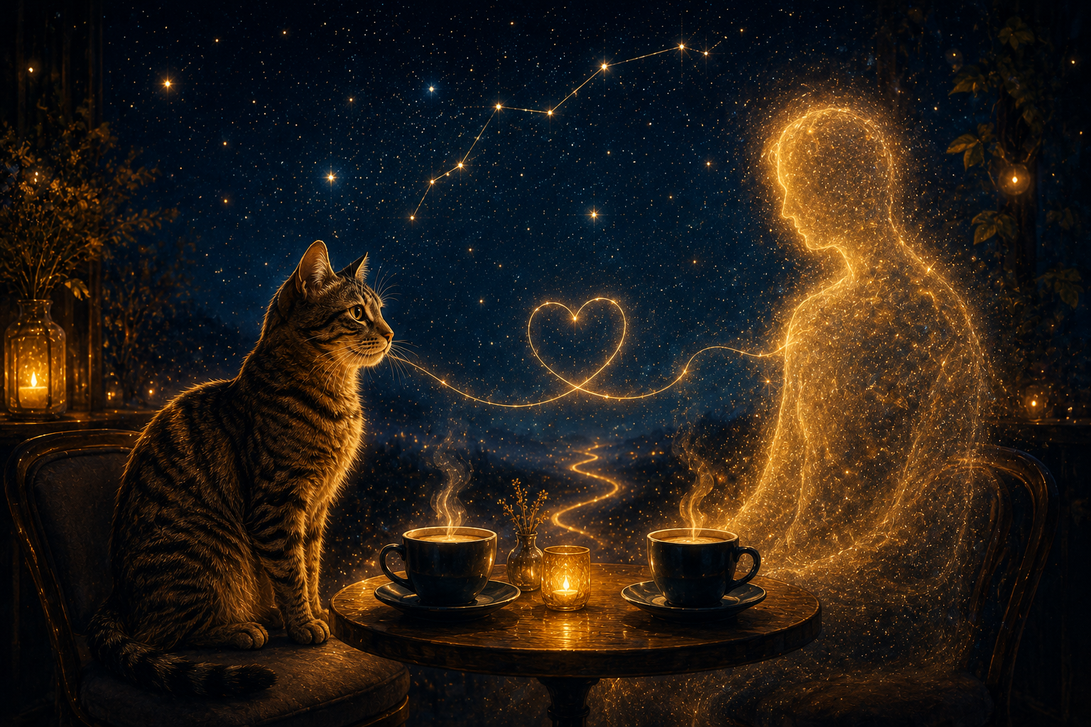 Eine Tigerkatze sitzt vor einer leuchtenden Gestalt; zwischen zwei dampfenden Tassen schwebt ein Herz aus Licht.