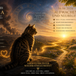 Eine gestreifte Tigerkatze sitzt vor einer leuchtenden Landschaft zwischen Koma, Erwachen und einem neuen Lebensweg.