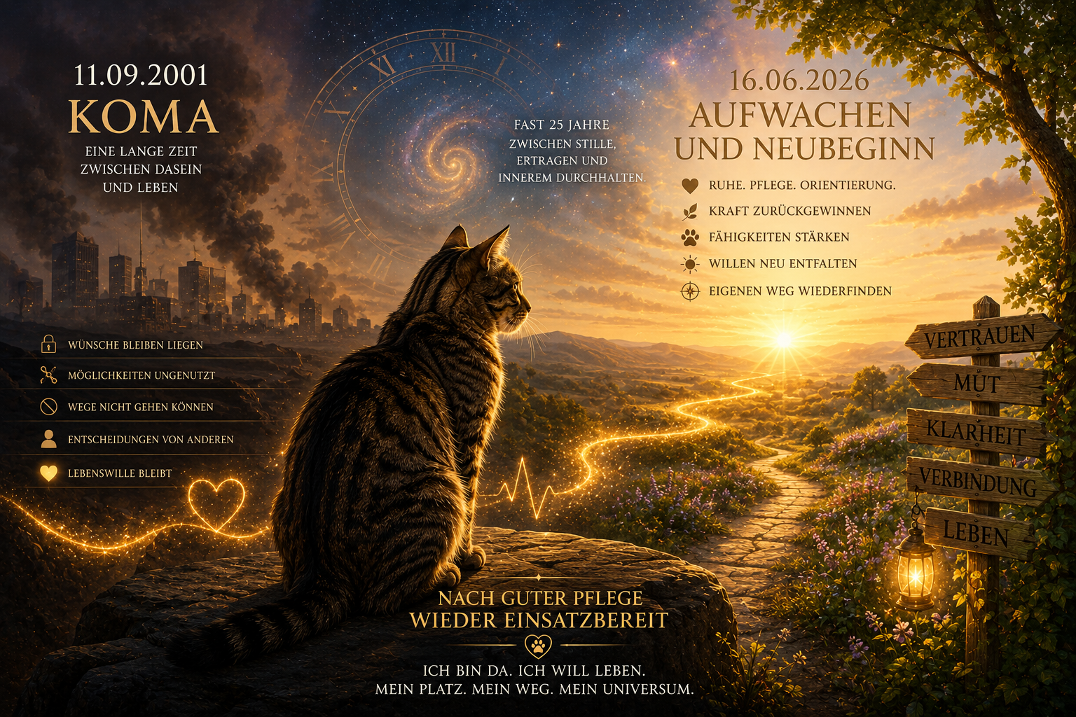 Eine gestreifte Tigerkatze sitzt vor einer leuchtenden Landschaft zwischen Koma, Erwachen und einem neuen Lebensweg.