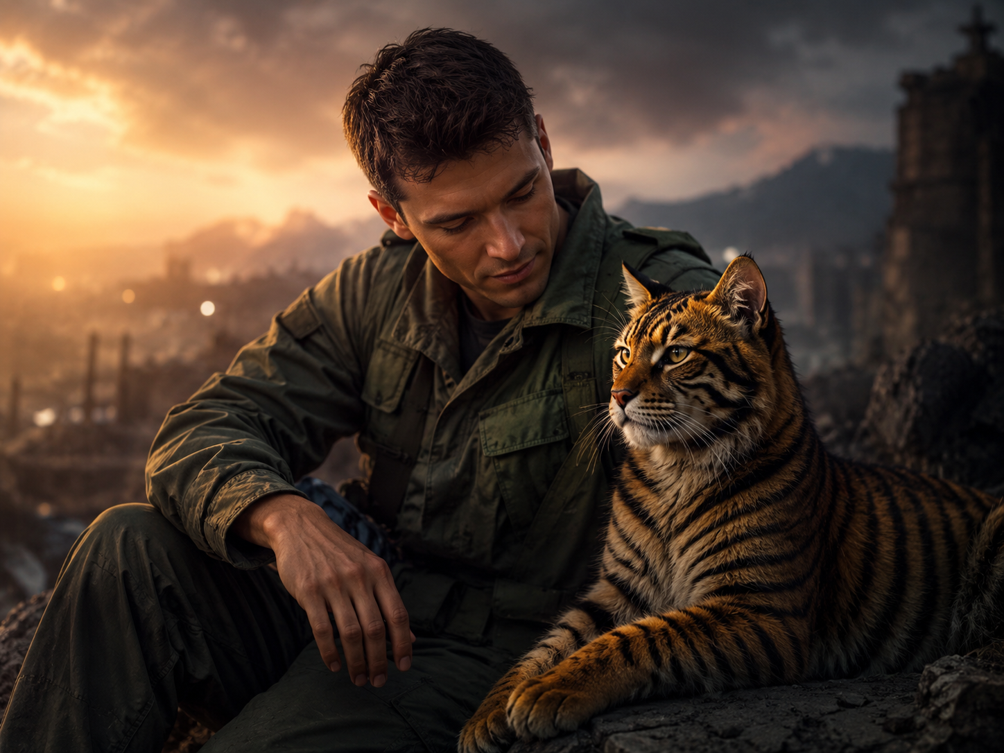Im Abendlicht sitzt ein Mann in grüner Jacke neben einer Tigerkatze und blickt ruhig zu ihr hinüber.