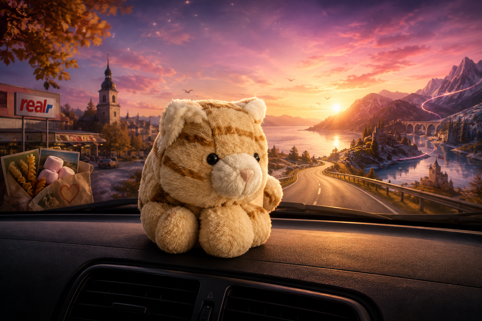 Tigerkatze sitzt als beiges Plüschtier auf dem Armaturenbrett, vor einer kurvigen Straße, Bergen und Sonnenuntergang.