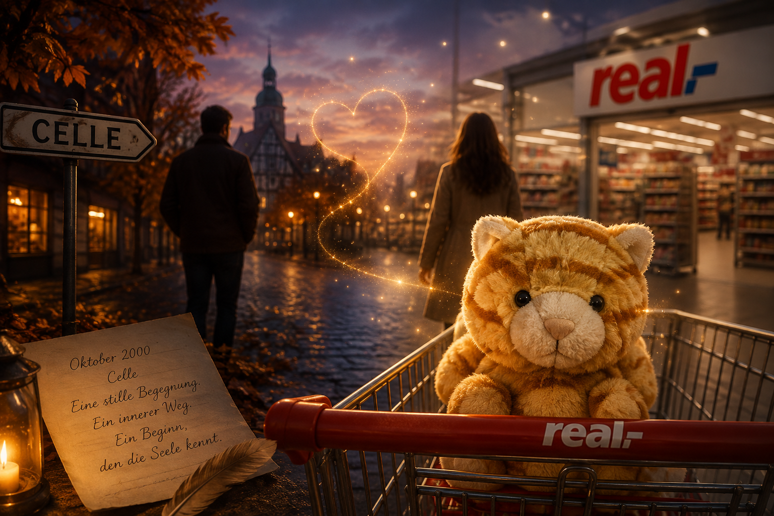 Im Einkaufswagen sitzt eine goldene Tigerkatze, während vor dem real-Markt ein leuchtendes Herz schwebt.