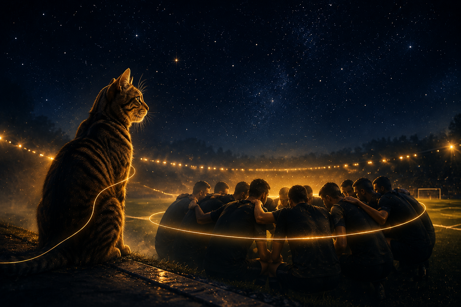 Im nächtlichen Stadion sitzt eine Tigerkatze im Vordergrund, während sich eine Fußballmannschaft eng im Kreis berät.