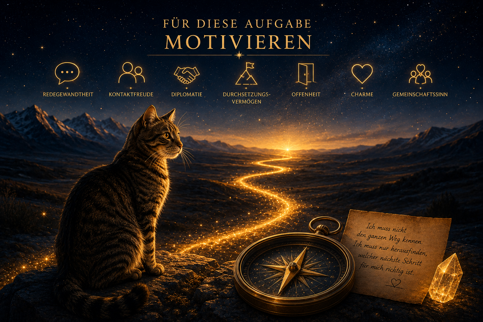 Eine Tigerkatze blickt auf einen leuchtenden Weg mit Kompass, Sternenherz und dem goldenen Titel „Ewige Begleiter“