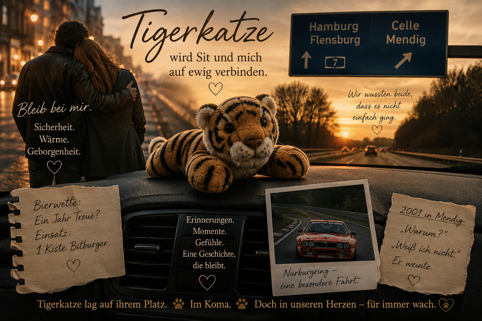 Gestreifte Plüschtigerkatze auf dem Armaturenbrett vor einer Straße mit Wegweisern nach Hamburg, Celle und Flensburg