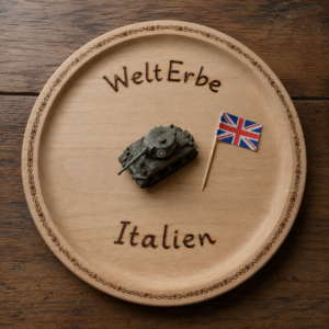Holzteller mit WeltErbe-Schriftzug, Italien und kleinem Union-Jack Auf dem holzfarbenen Teller stehen WeltErbe und Italien, daneben ein kleiner Panzer und eine britische Flagge.