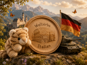 Red-Bull-Erinnerung mit Welterbe-Holzteller und Deutschlandfahne Ein Teddybär steht neben einem hölzernen Welterbe-Teller, umgeben von Deutschlandfahne, Panzer und Schmetterlingen.