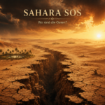 Ein tiefer Erdspalt durchzieht die trockene Sahara im Morgenlicht unter dem Schriftzug „Sahara SOS“ und Gewitterwolken.
