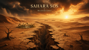 Ein tiefer Erdspalt durchzieht die trockene Sahara im Morgenlicht unter dem Schriftzug „Sahara SOS“ und Gewitterwolken.