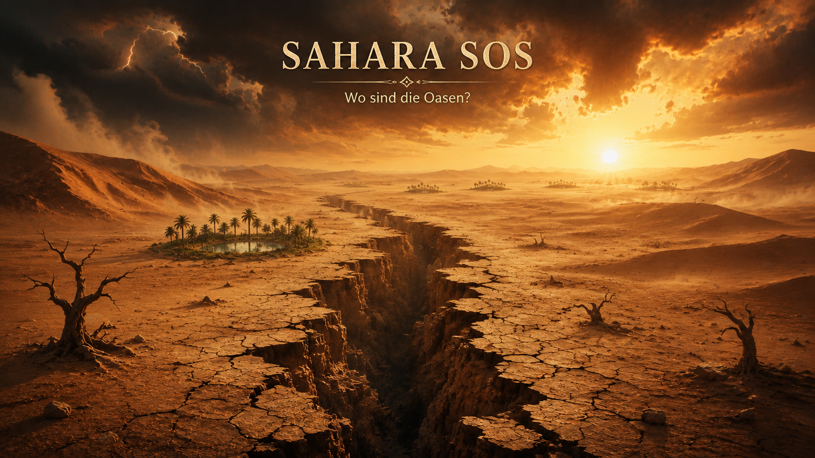 Ein tiefer Erdspalt durchzieht die trockene Sahara im Morgenlicht unter dem Schriftzug „Sahara SOS“ und Gewitterwolken.