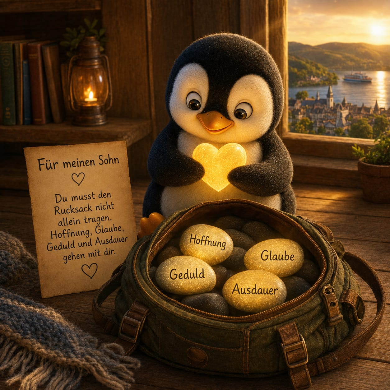 Penguin mit leuchtendem Herz, Botschaft für den Sohn im Abendlicht Ein Pinguin hält ein Herz neben einem Zettel für den Sohn, im Rucksack liegen Hoffnung, Glaube, Geduld und Ausdauer.