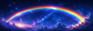 Ein leuchtender Regenbogen spannt sich über einen tiefblauen Sternenhimmel mit Mondsichel, Milchstraße und lila Wolken.